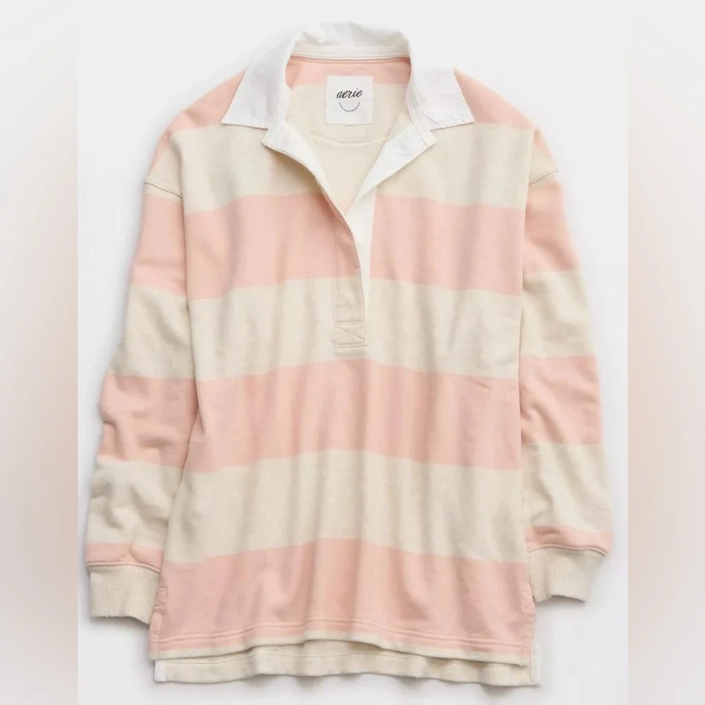 Aerie Prep Rally Rugby Stripe Sweatshirt Pink Oversized Preppy.         22 - Picture 4 of 13